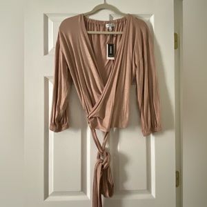 Express x Negin Mirsalehi Pink Tan Metallic Tie Wrap Blouse